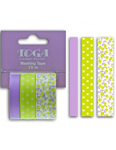 Masking tape - Fleurs Pois Uni Violet et vert - Toga 