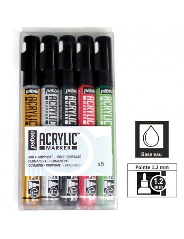 Set 5 Marqueurs acrylique - Acrylic Marker 1,2mm - Or, Argent, Noir, Rouge, Vert - Pébéo