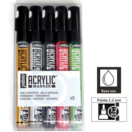 Set 5 Marqueurs acrylique - Acrylic Marker 1,2mm - Or, Argent, Noir, Rouge, Vert - Pébéo