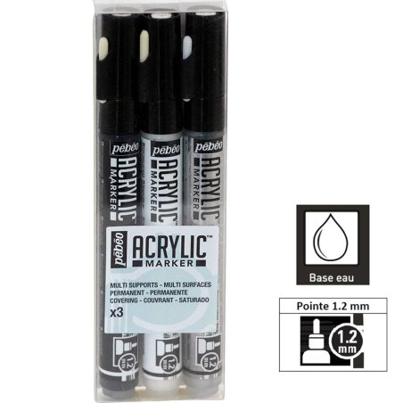Set 3 Marqueurs acrylique Acrylic Marker 1,2mm - Noir, Blanc, Argent -  Pébéo