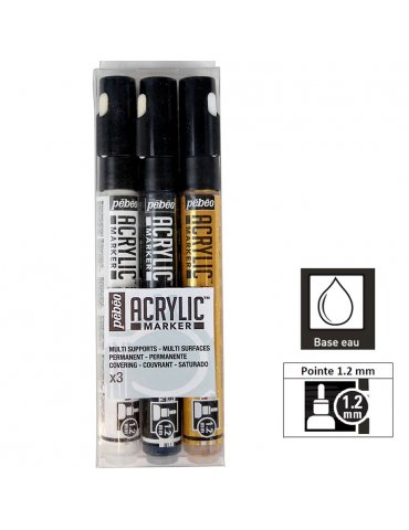 Set 3 Marqueurs acrylique - Acrylic Marker 1,2mm - Noir, Blanc, Or -  Pébéo
