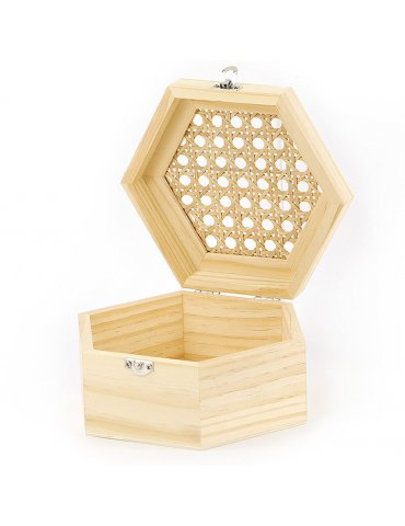 Boite hexagonale bois avec couvercle cannage - 165x80x143mm - Graine Créative