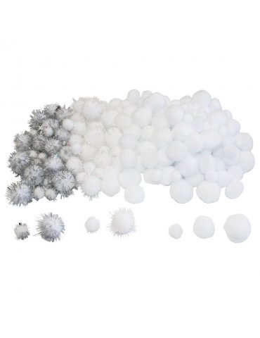 Assortiment 200 pompons blancs - 3 dimensions - Sodertex