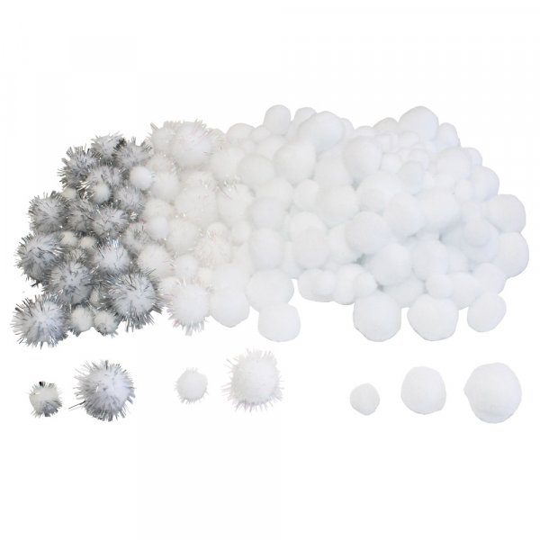 Assortiment 200 pompons blancs - 3 dimensions - Sodertex