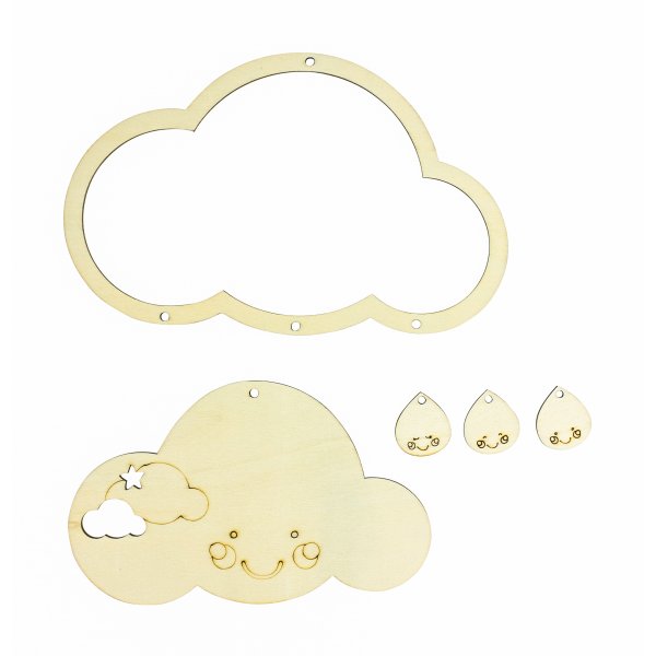 Attrape-rêves nuage gravé avec accessoires en bois, 5 pièces 19,9 x 12,6cm