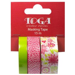 3 Masking tape thème Fleurs - Rose et vert - Toga