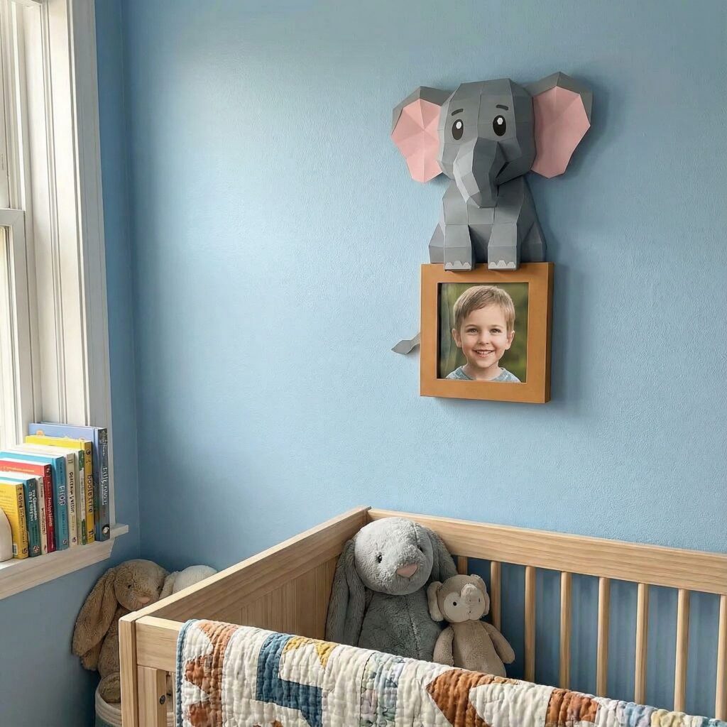 Cadre photo d'un éléphant en papercraft 3D