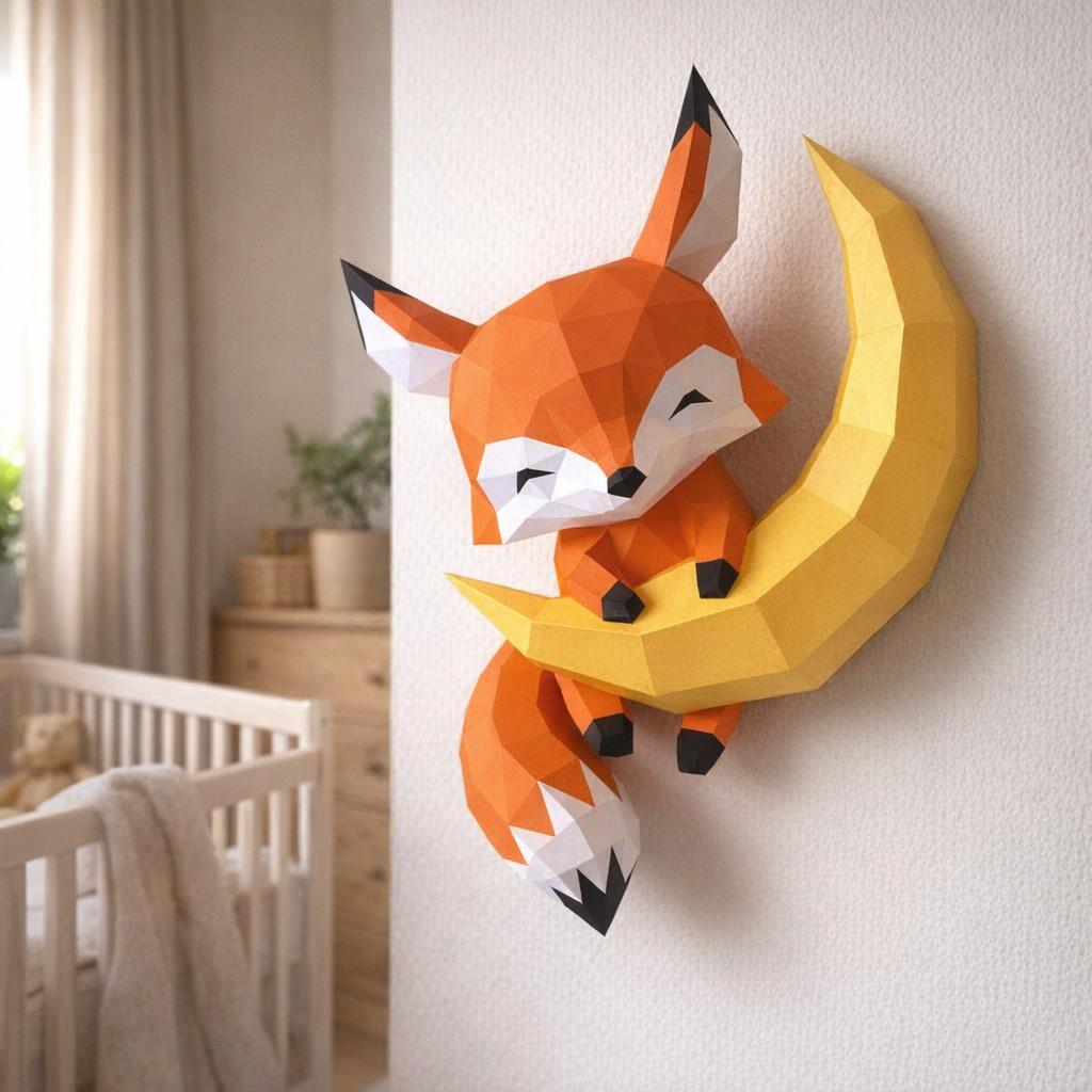 Papercraft bébé renard sur lune en origami Papercraft bébé renard sur lune en origami
