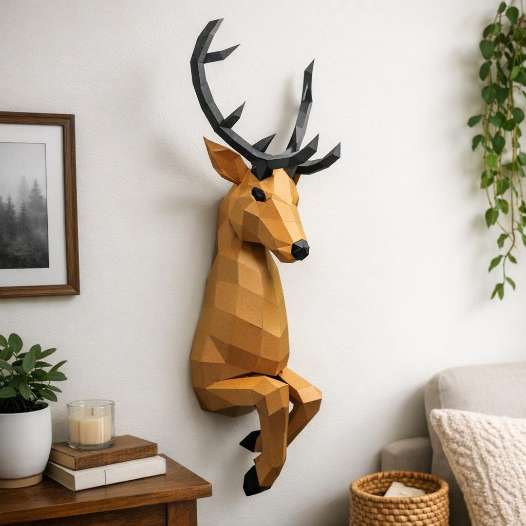 Papercraft de cerf sortant du mur en 3D