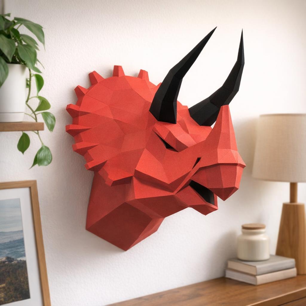 Papercraft de dinosaure tête de tricératops murale en origami