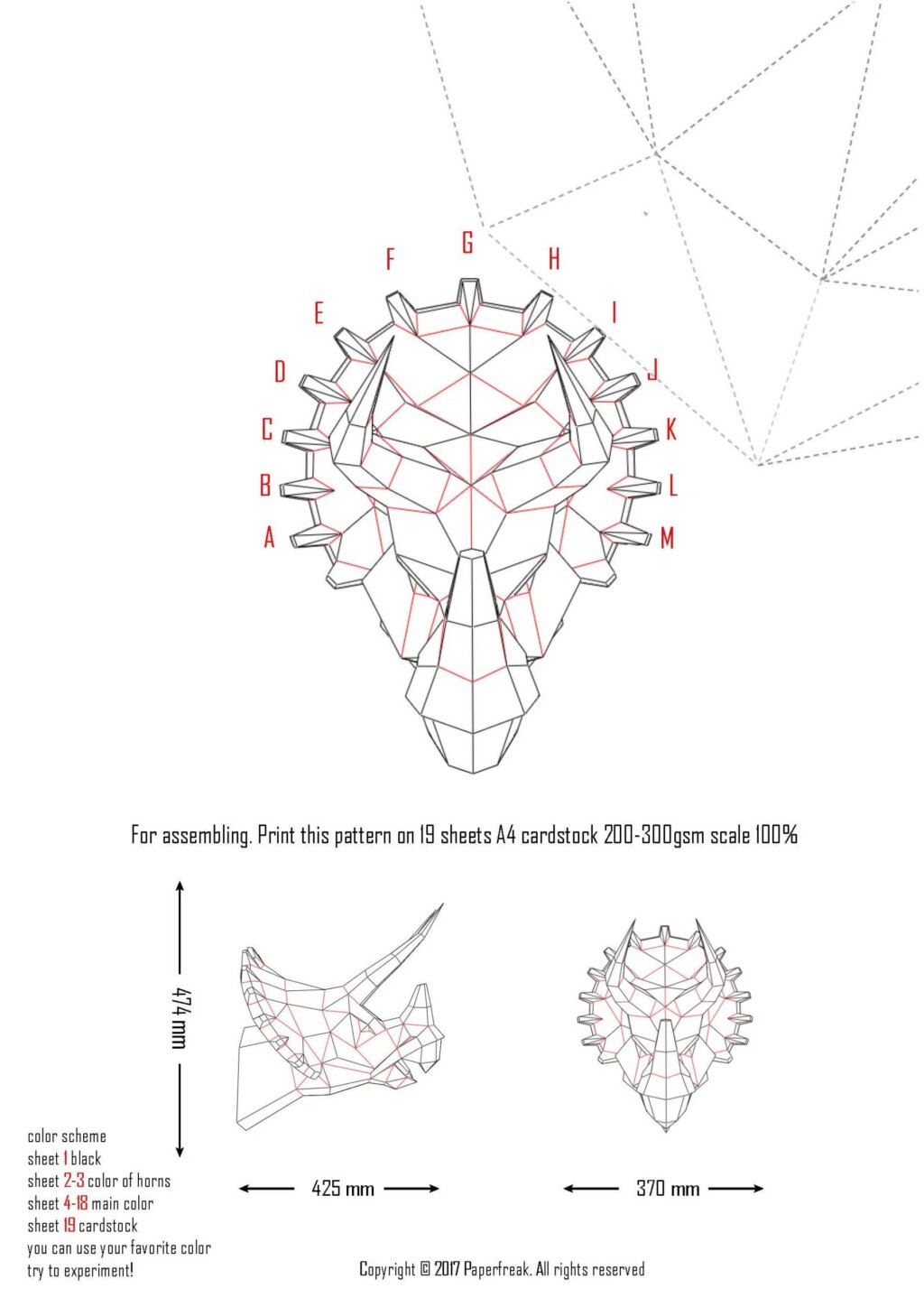 Papercraft de dinosaure tête de tricératops murale en origami