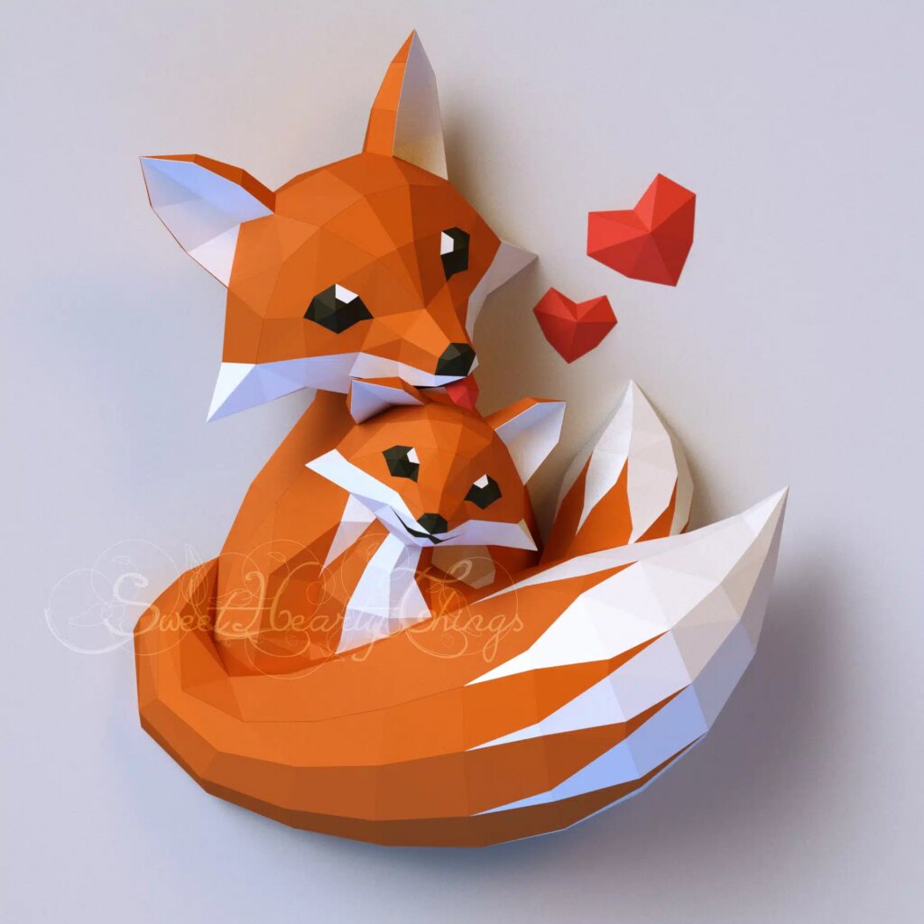 Papercraft de famille de renards en origami