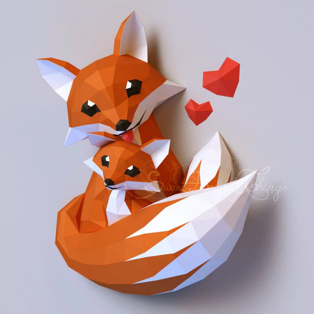 Papercraft de famille de renards en origami