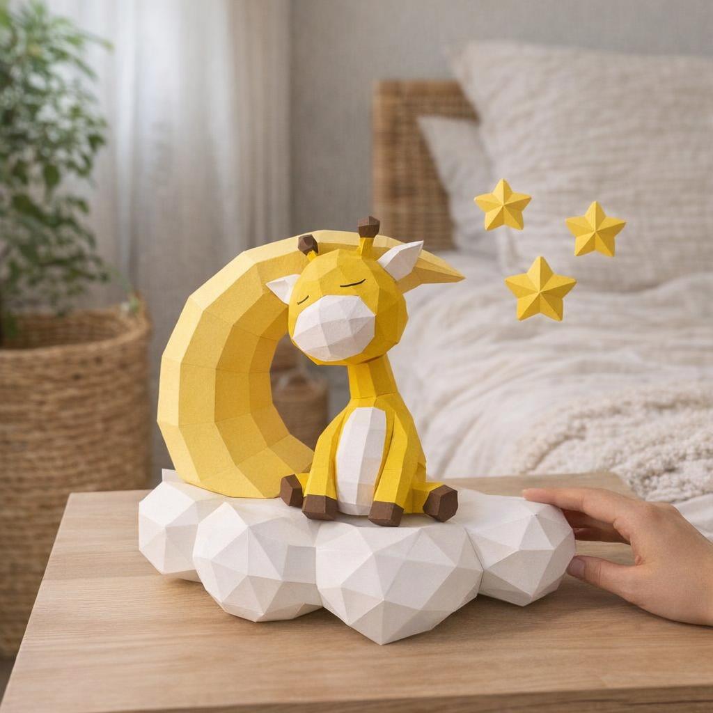 Papercraft girafe endormie sur la lune, modèle en papier 3D