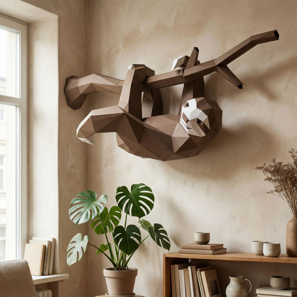 Papercraft paresseux suspendu à sa branche en 3D