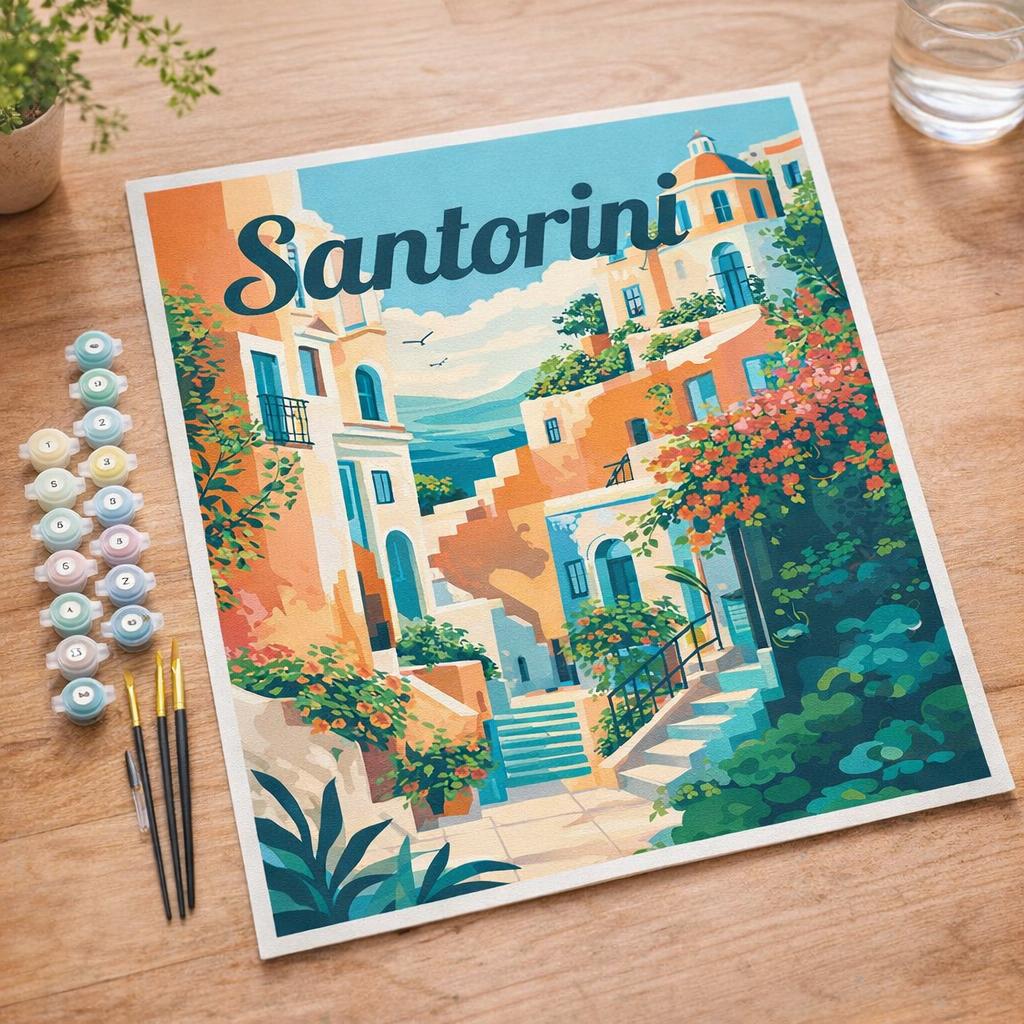 Affiche de voyage Santorin en fleurs - Toile roulée