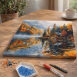 Broderie Diamant - Cabane au bord du Lac en Automne