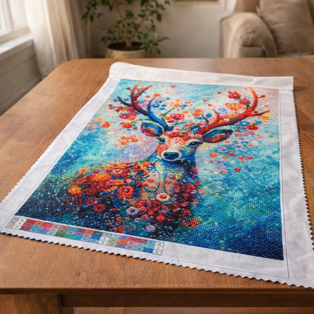 Broderie Diamant - Cerf coloré en fleurs