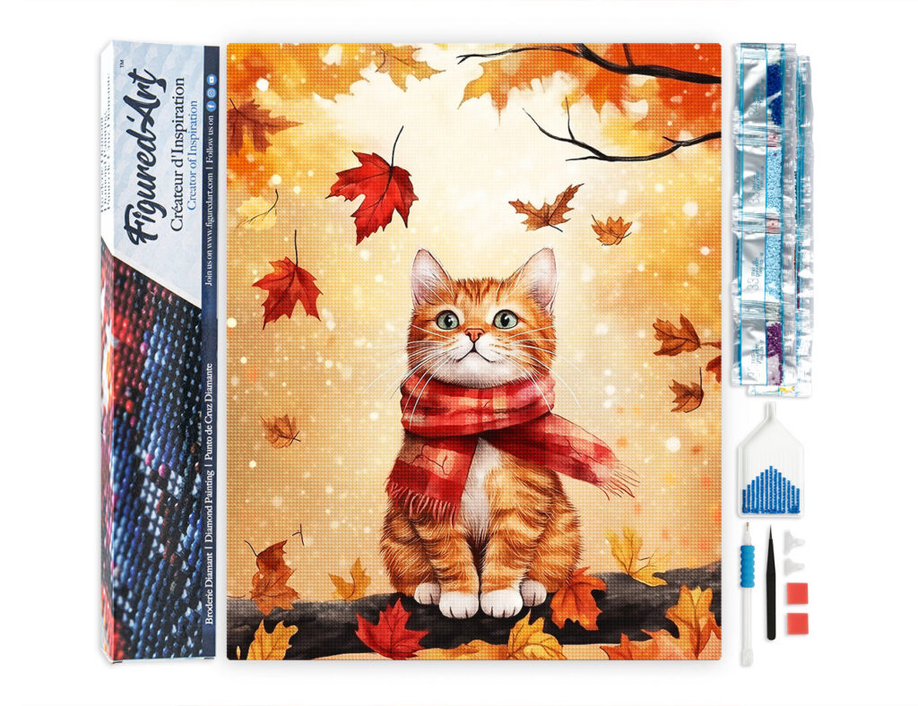 Broderie Diamant - Chat douillet en Automne