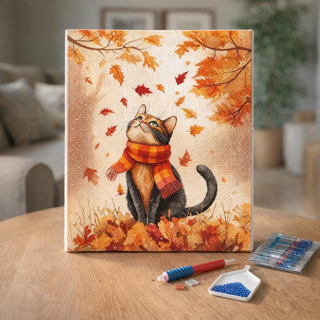 Broderie Diamant - Chat joueur en Automne