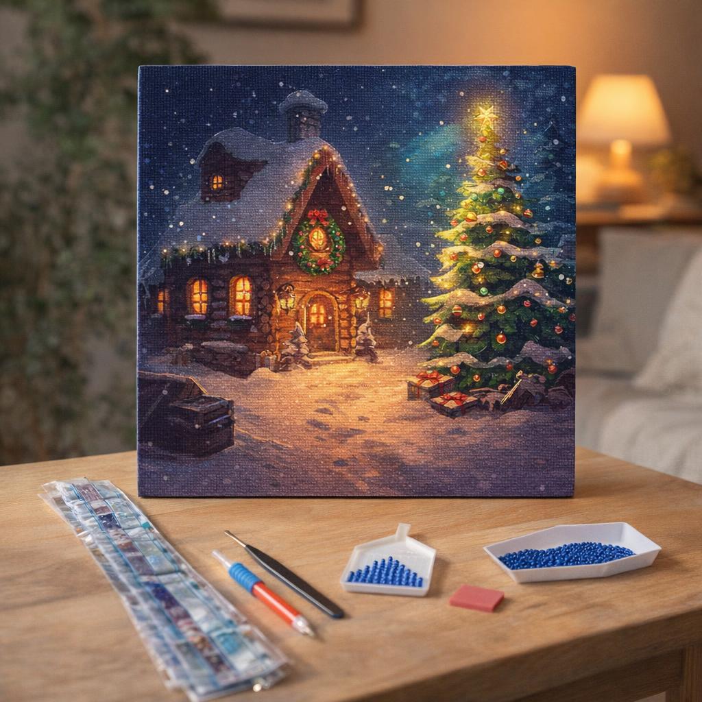 Broderie Diamant - Cottage de Noël enneigé