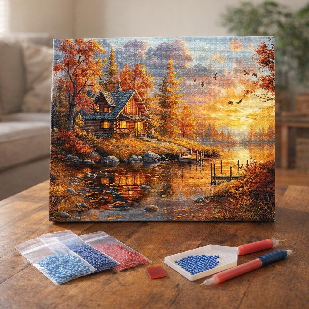 Broderie Diamant - Coucher de soleil automnal près de la Cabane