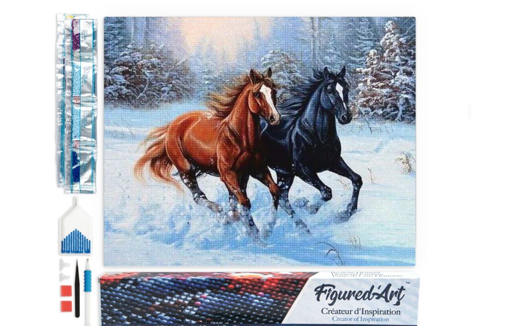 Broderie Diamant - Deux Chevaux en Hiver
