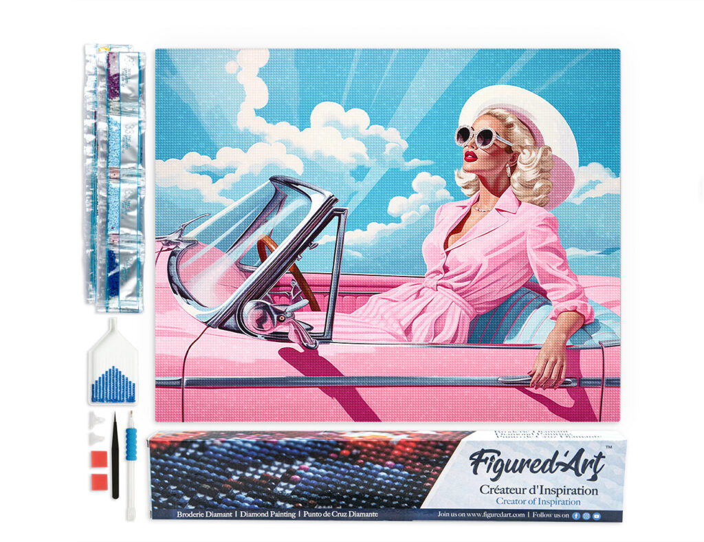 Broderie Diamant - Diva dans une Voiture Rétro Rose