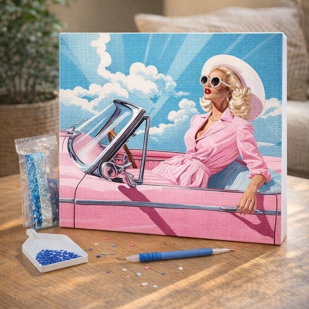 Broderie Diamant - Diva dans une Voiture Rétro Rose