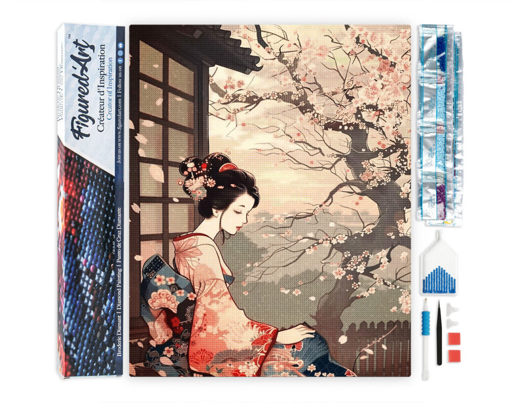 Broderie Diamant - Femme en Kimono Vintage et Cerisiers en Fleurs