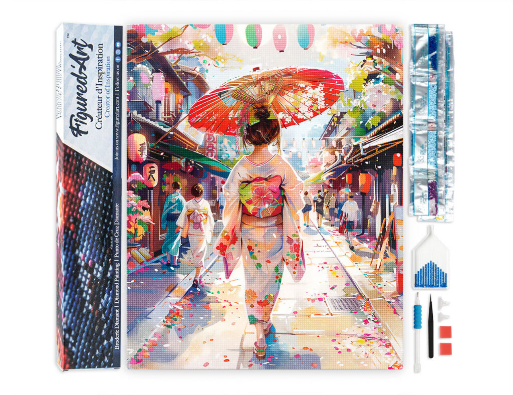 Broderie Diamant - Femme en Yukata dans une Rue animée