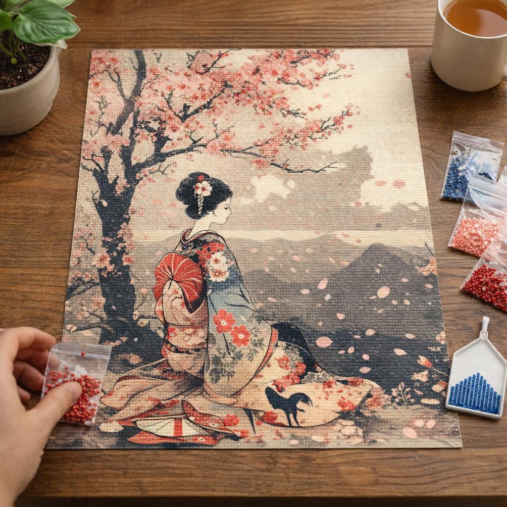 Broderie Diamant - Geisha Vintage sous les Cerisiers en Fleurs