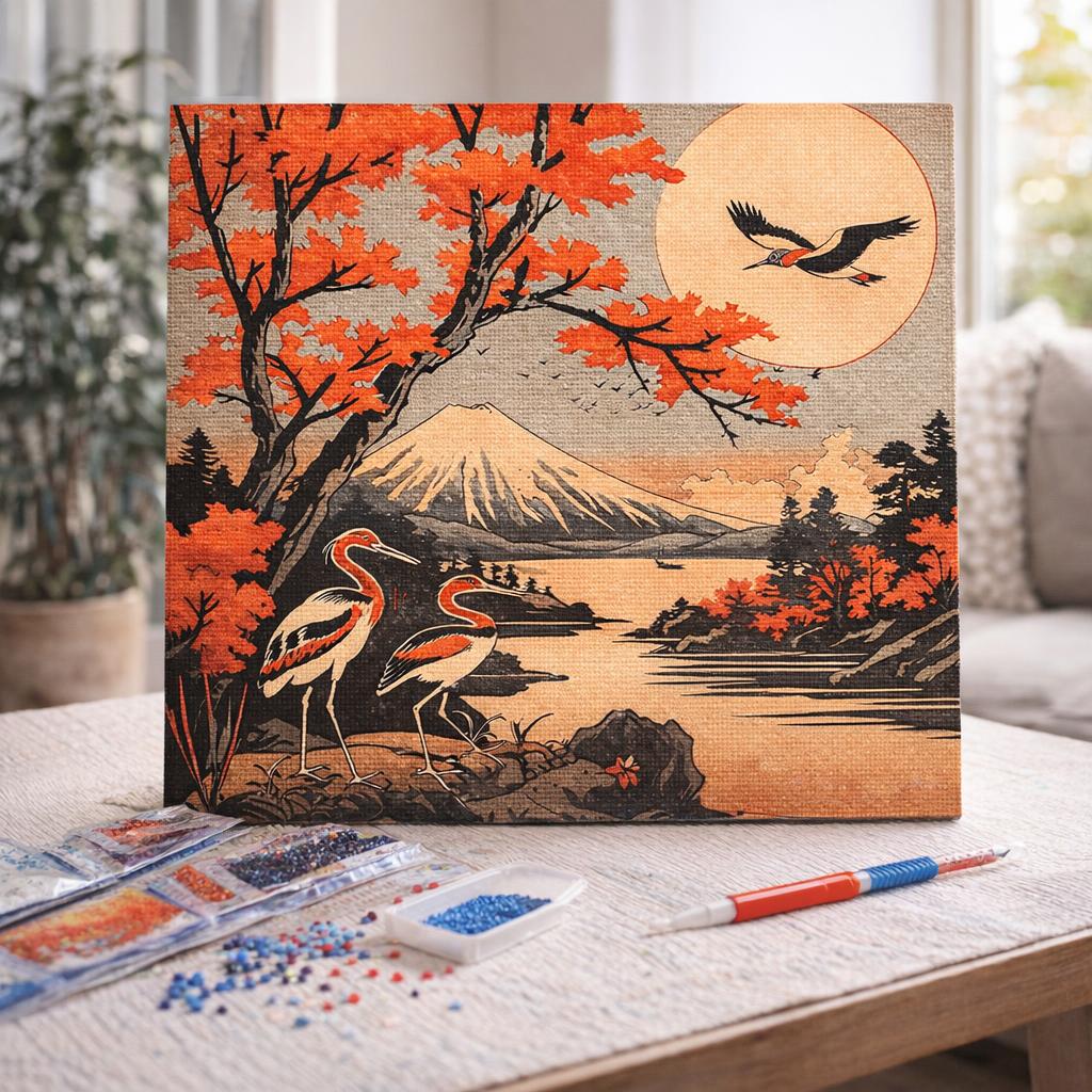 Broderie Diamant - Grues et Vue sur le Mont Fuji