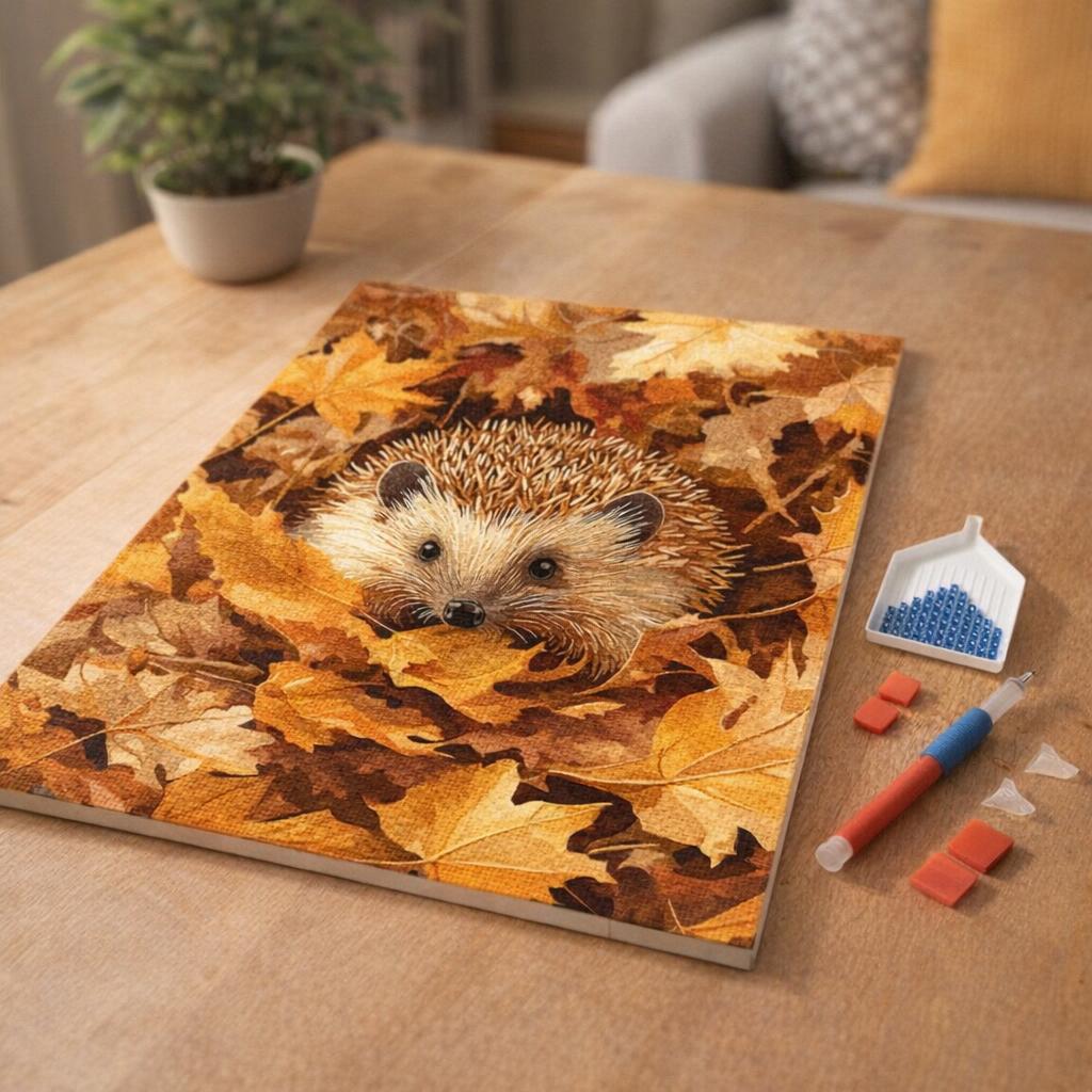Broderie Diamant - Hérisson dans les feuilles d'Automne