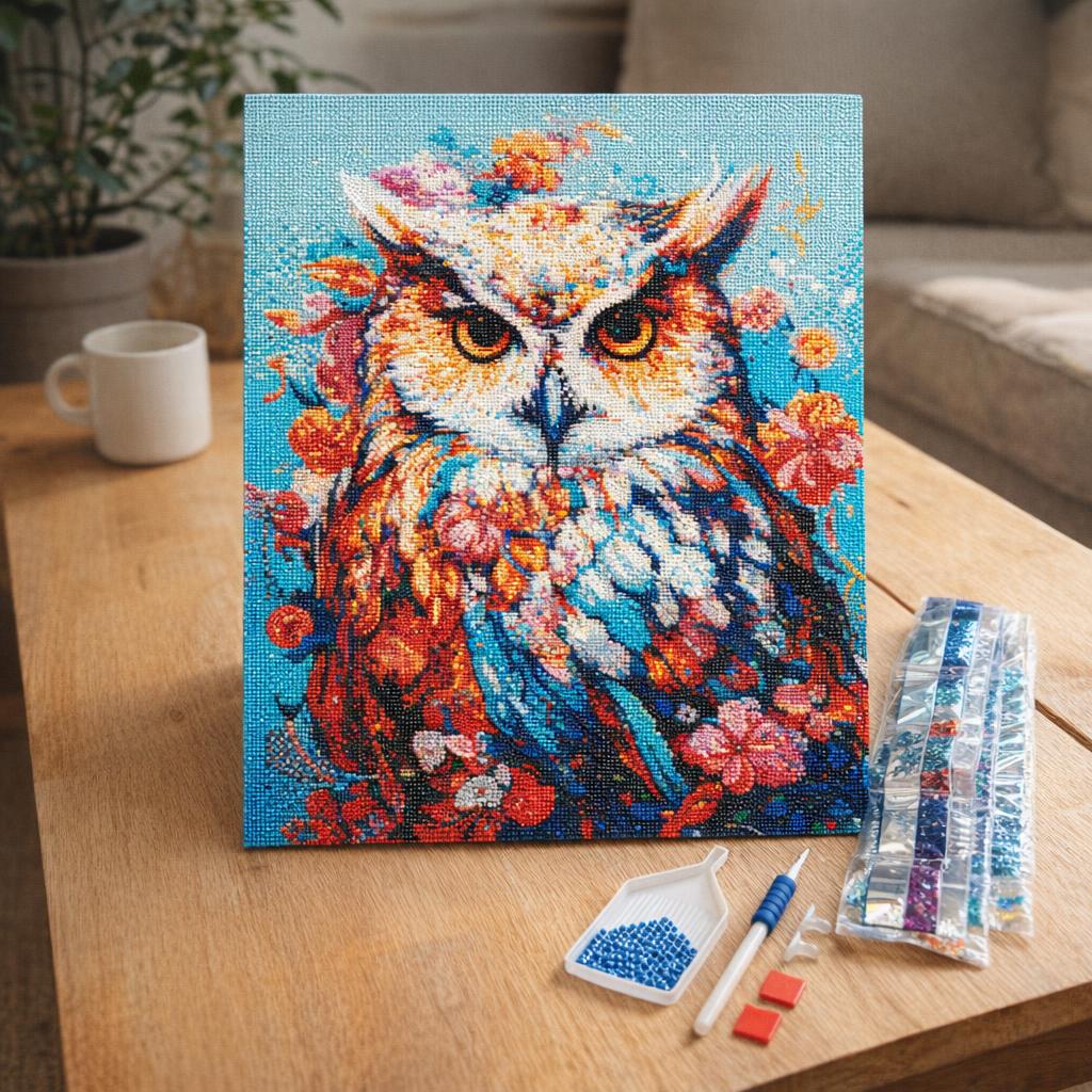 Broderie Diamant - Hibou coloré en fleurs
