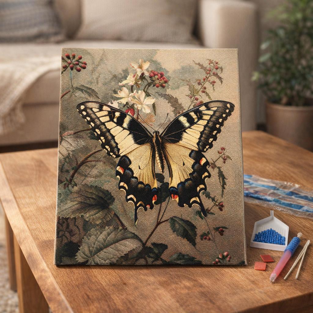 Broderie Diamant - Machaon et Fleurs blanches