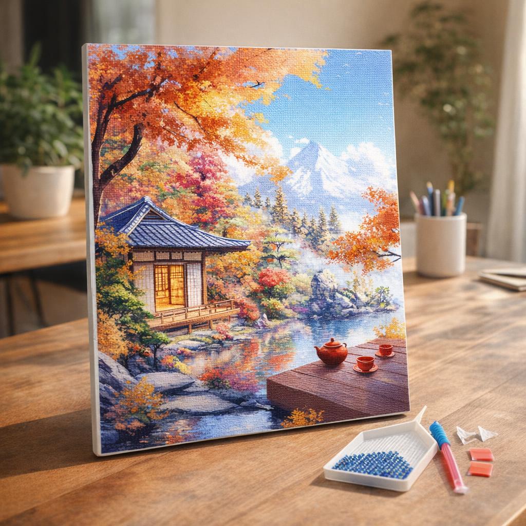 Broderie Diamant - Maison de Thé d’Automne au Bord du Lac