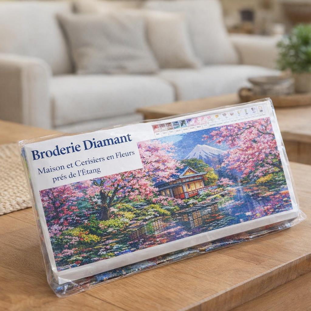 Broderie Diamant - Maison et Cerisiers en Fleurs près de l’Étang