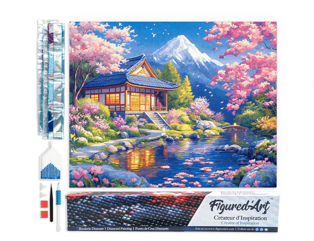 Broderie Diamant - Maison et Cerisiers en Fleurs près de l’Étang