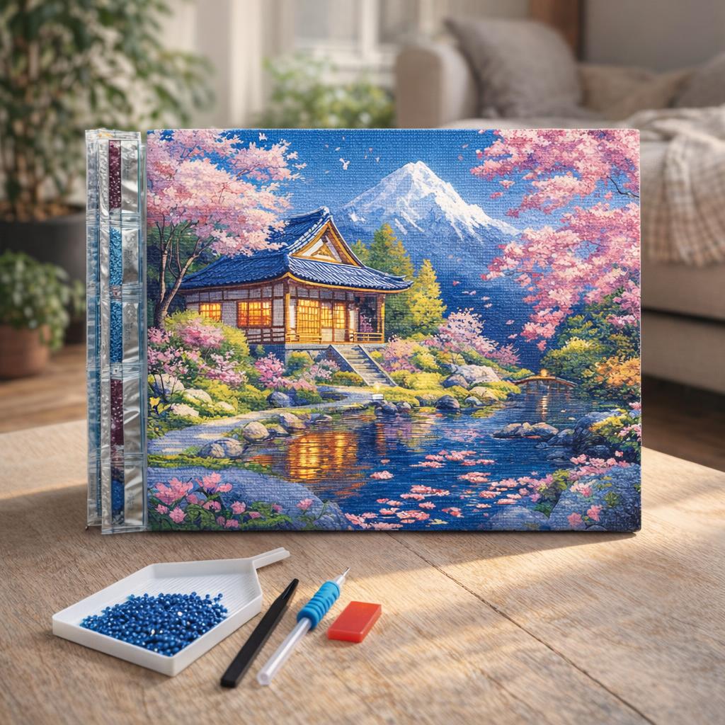 Broderie Diamant - Maison et Cerisiers en Fleurs près de l’Étang