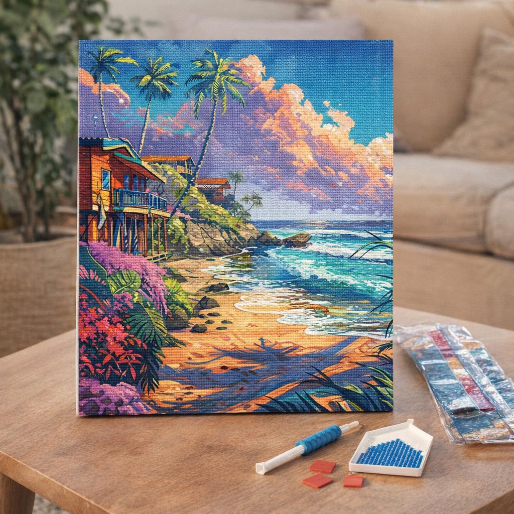 Broderie Diamant - Maisons en bord de plage