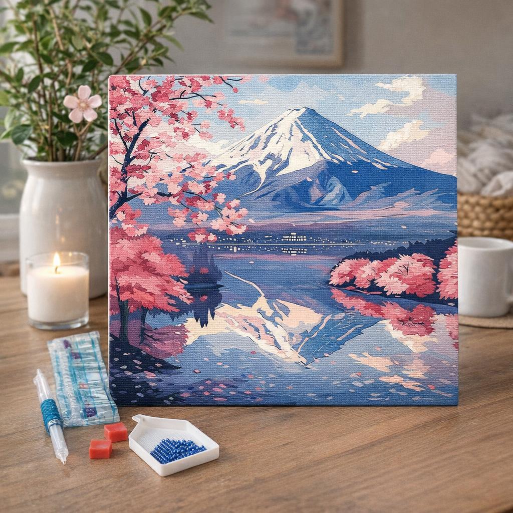 Broderie Diamant - Mont Fuji et Lac aux Cerisiers en Fleurs
