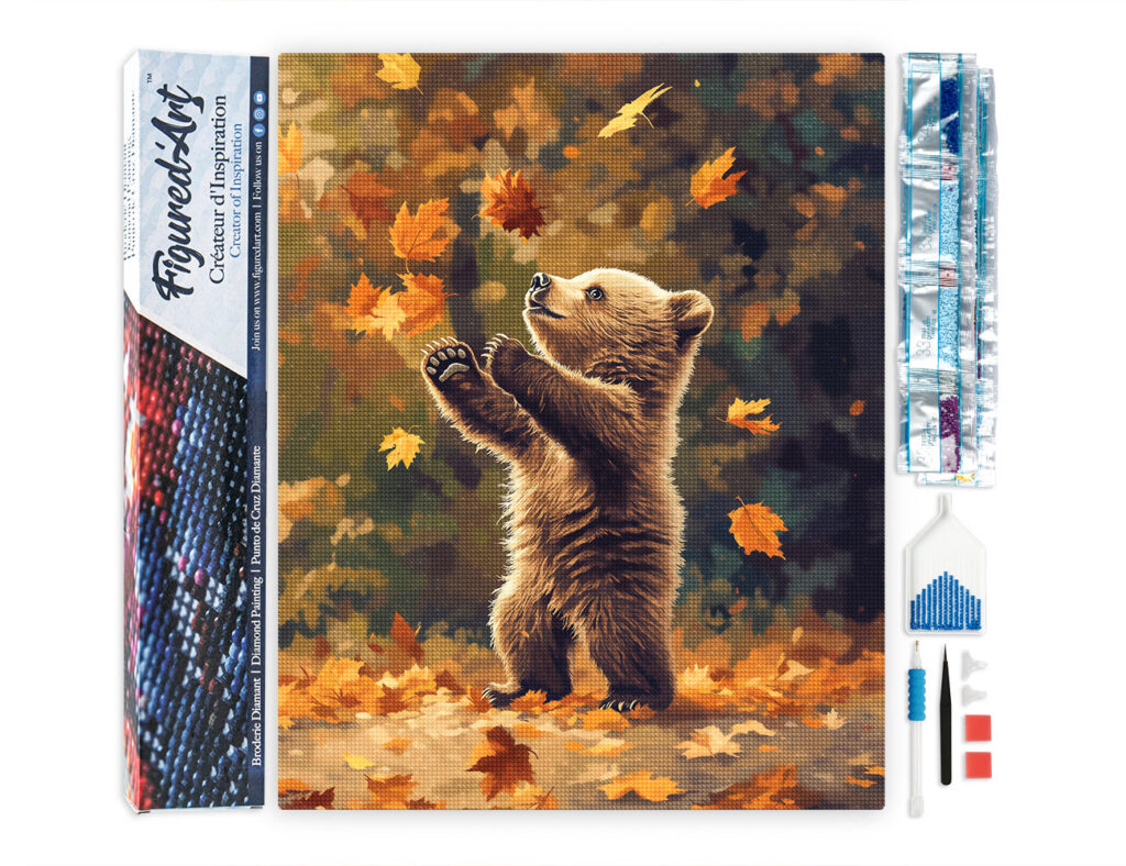 Broderie Diamant - Ourson et feuilles tombantes
