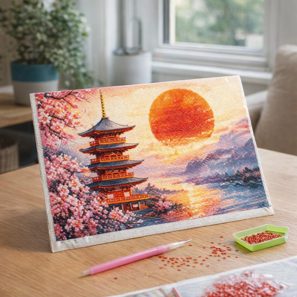 Broderie Diamant - Pagode sous le Soleil Levant