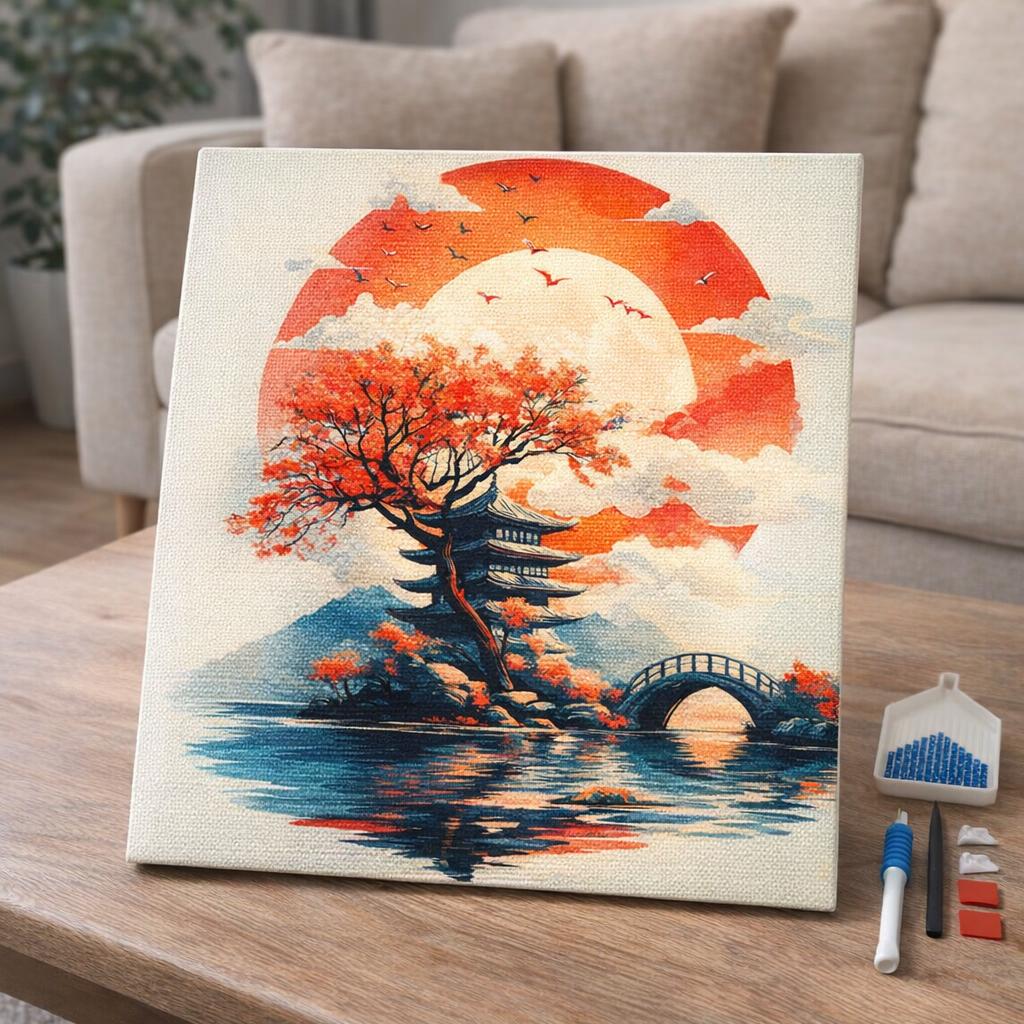 Broderie Diamant - Pagode sous le Soleil Levant