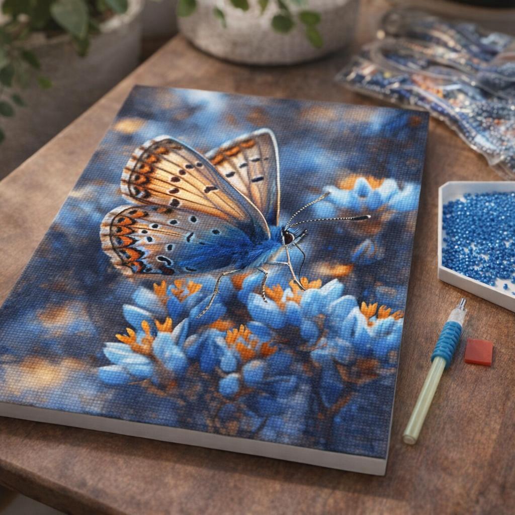 Broderie Diamant - Papillons et Fleurs bleues