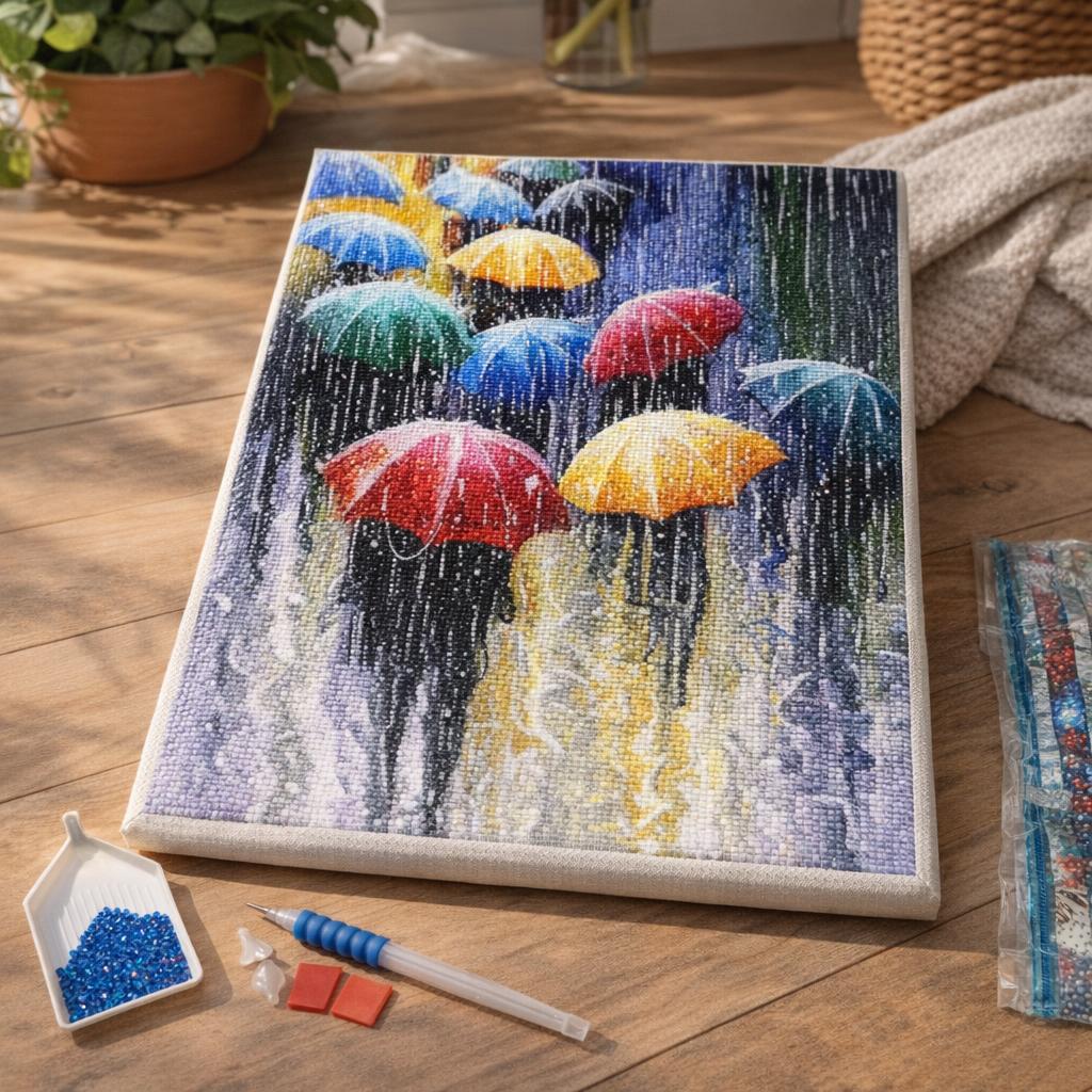 Broderie Diamant - Parapluies sous la Pluie