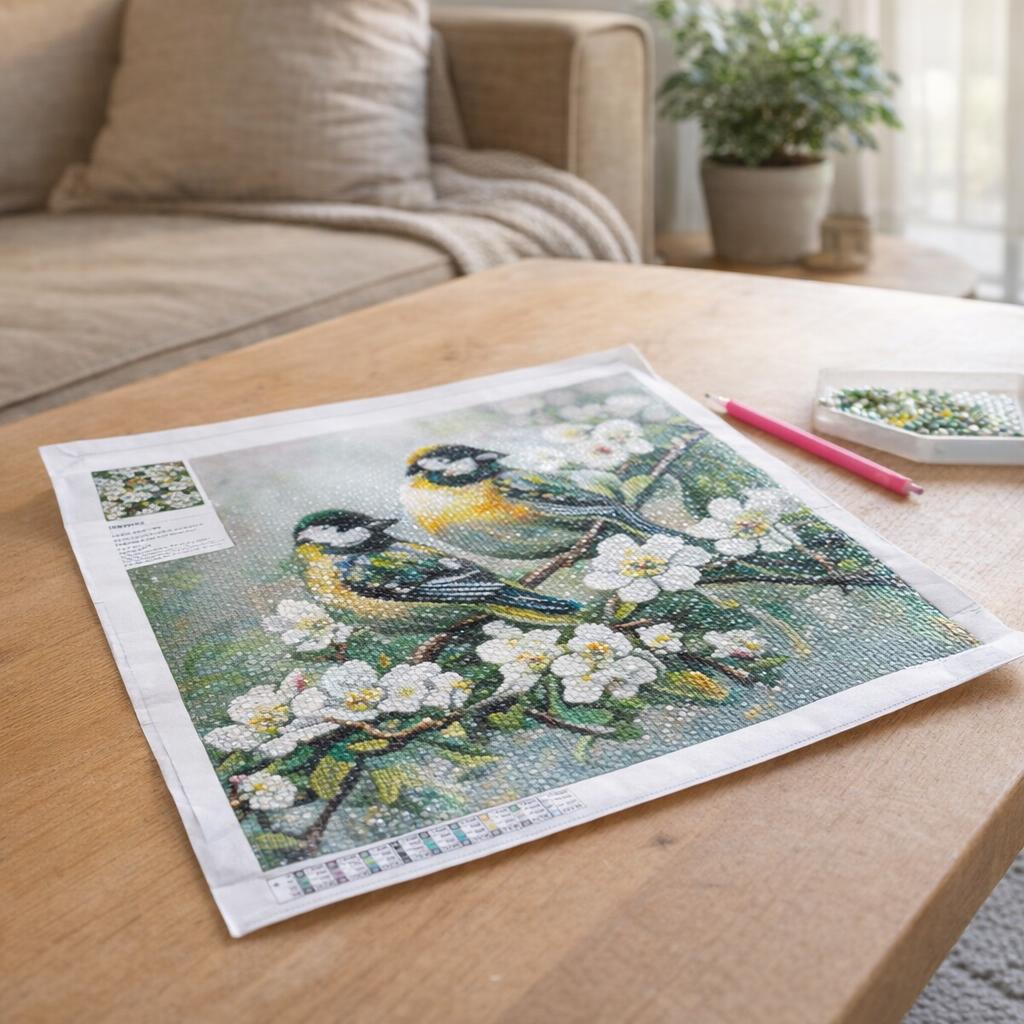 Broderie Diamant - Petits Oiseaux et Fleurs Blanches