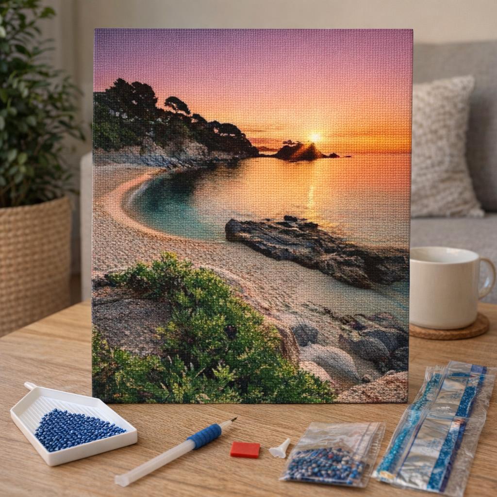 Broderie Diamant - Plage calme et Coucher de Soleil