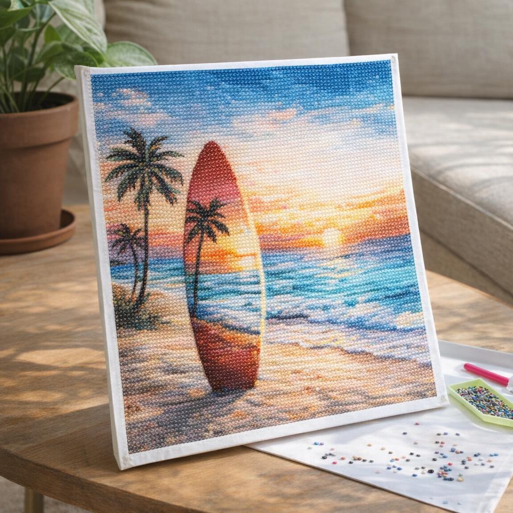 Broderie Diamant - Planche de surf sur la plage